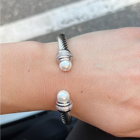 Sterling Silver 7mm Cable Classics Bracelet with Pearls & Pavé Diamonds - Picture 3 of 7